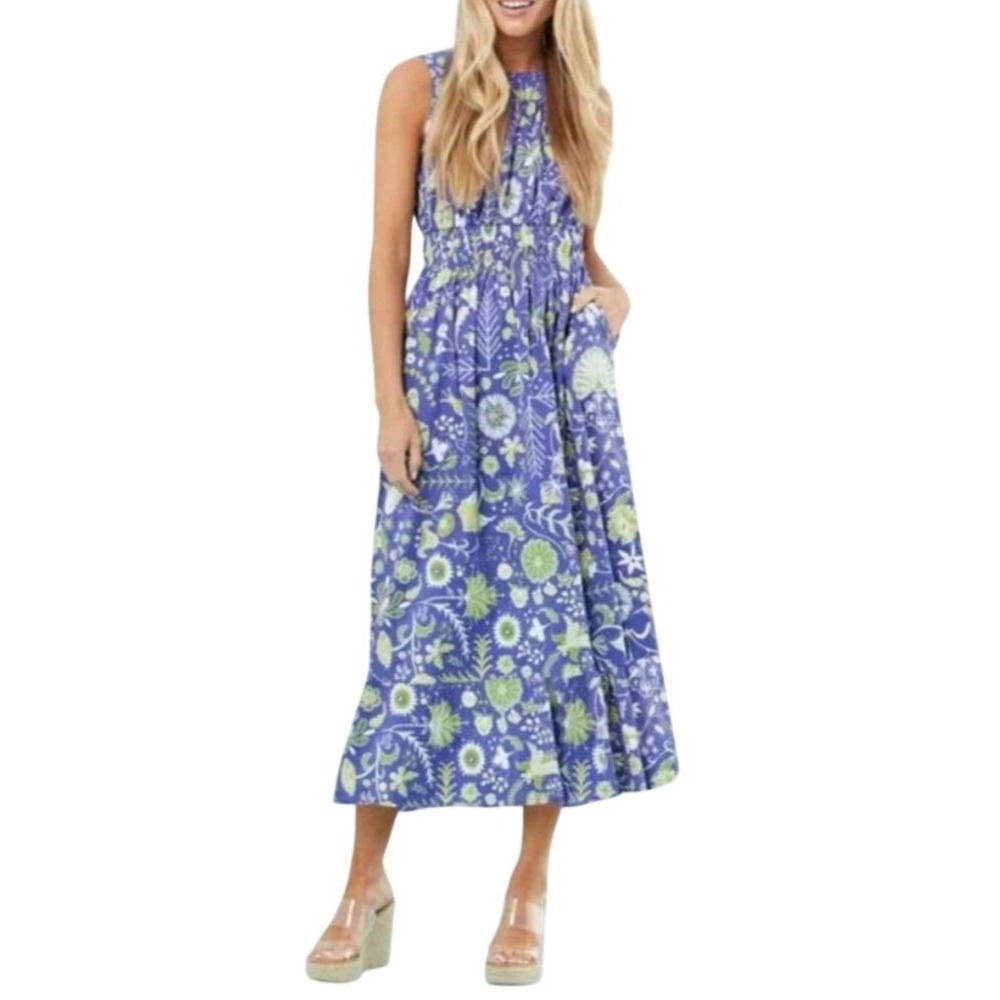 Sheridan French Cassie Maxi Dress Purple Green Floral Elastic Waist XS Preppy
